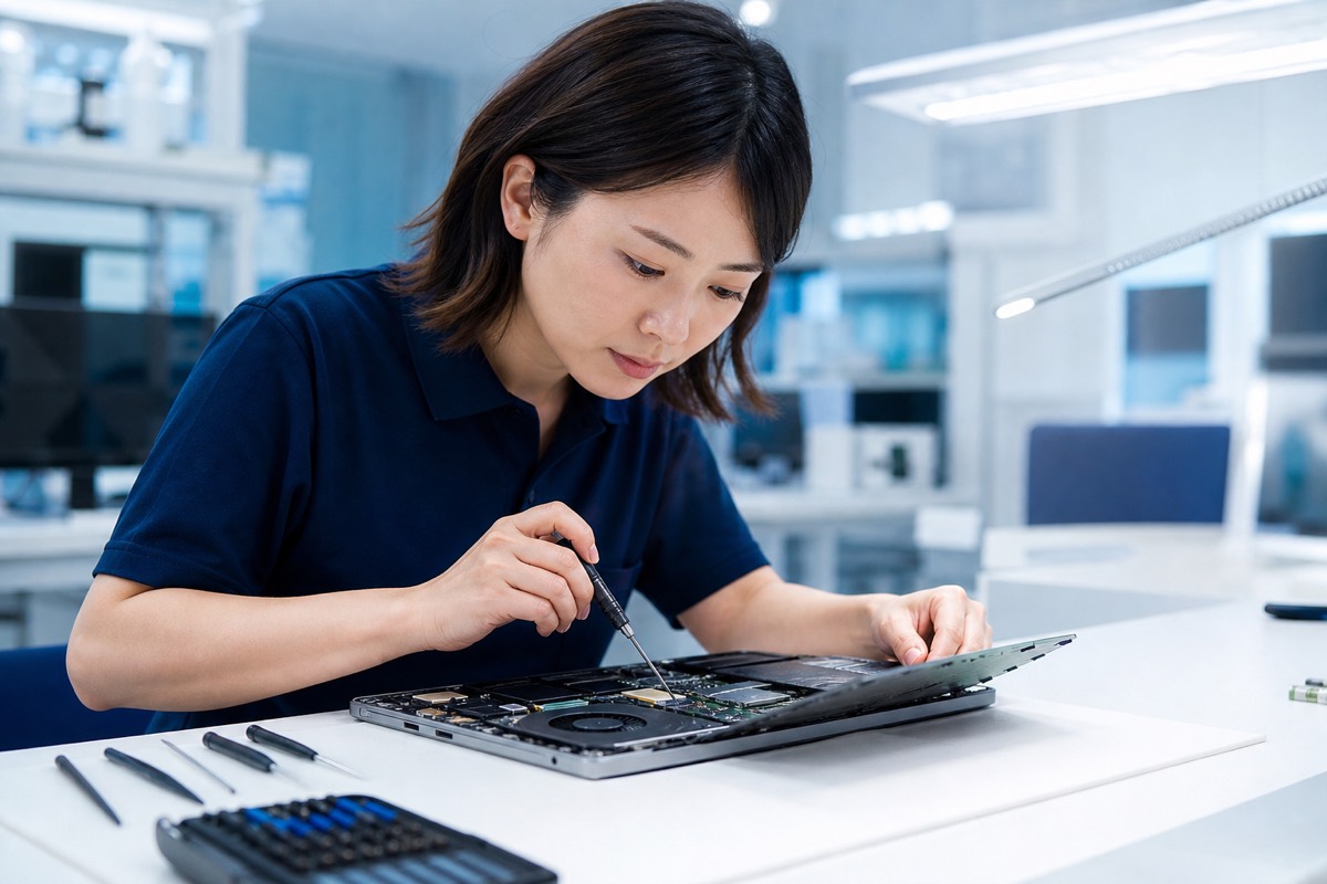 ノートPCの内部を診断する技術スタッフ