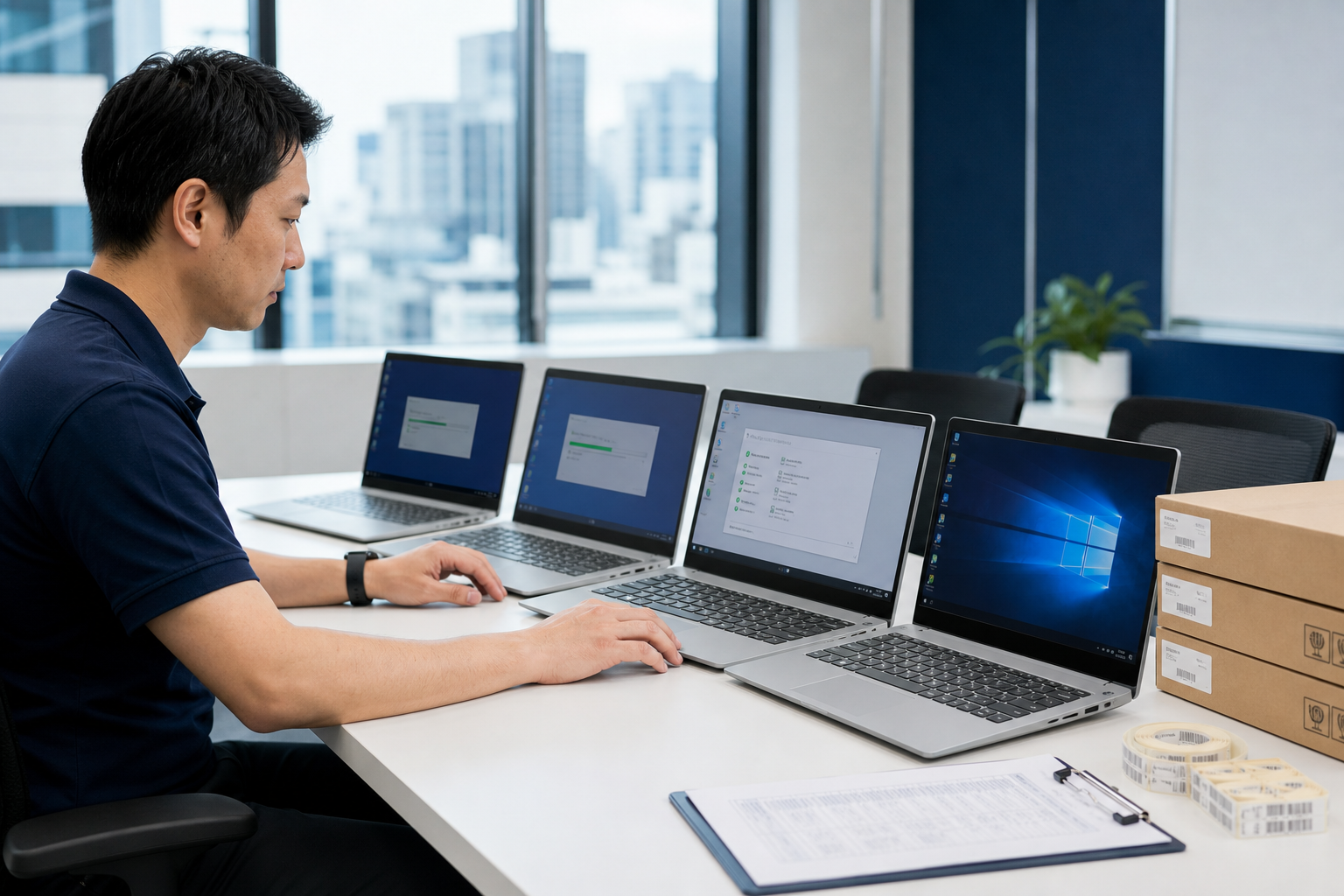 複数台の法人PCをセットアップする様子